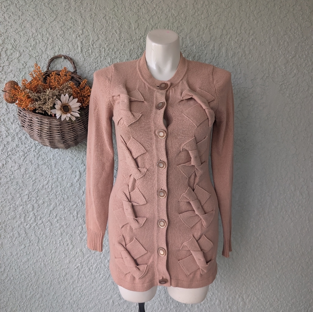Ballet cottagecore Twelve by Twelve woven bow pastel pink button up cardigan L
